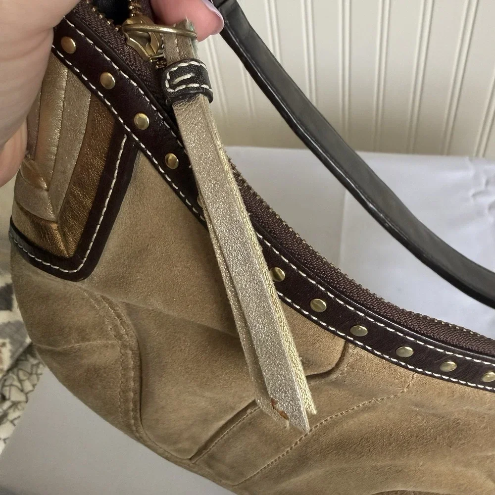 Vintage Coach Brown Tan Suede Small Hobo Shoulder Bag Purse Metallic Accents